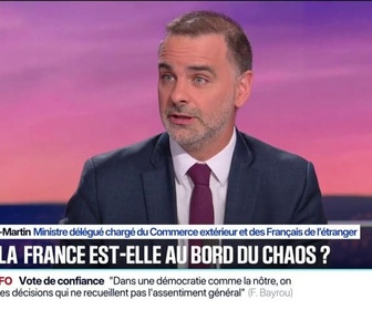 Replay 20H BFM - Vote de confiance du 8 septembre: Il y aura chaos s'il n'y a pas de prise de conscience, assure Laurent Saint-Martin, ministre délégué chargé du Commerce extérieur