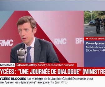 Replay Face à Face - Édouard Geffray, ministre de l'Éducation nationale, évoque au moins plusieurs dizaines, voire plus d'une centaine de lycées qui ont connu des dégradations sévères depuis le début de la semaine