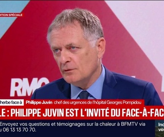 Replay Face à Face - Canicule: Le flux de patients ne baisse pas, avec une pointe ce jeudi 25 juin, explique Philippe Juvin, chef des urgences de l'hôpital Georges Pompidou et député LR
