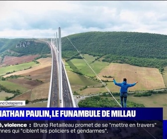 Replay L'image du jour - Beaucoup de bonheur d'avoir réussi cette traversée: Le funambule Nathan Paulin, suspendu à 300 mètres du sol, s'est baladé au-dessus du viaduc de Millau